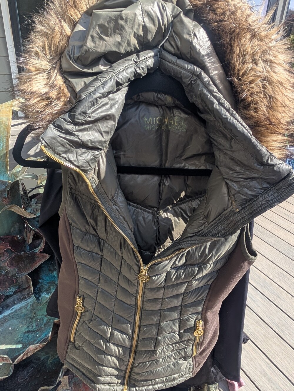 MICHAEL Michael Kors Olive Quilted Hooded Puffer Vest with Faux-Fur Trim
